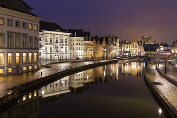 Old buildings along Korenlei and the River Leie in Ghent