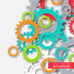 Colorful Mechanism system cogwheels. Different origami gears. Origami paper cut style tech project.