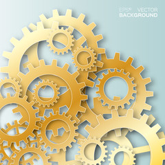 Mechanism system cogwheels. Gold gears. Origami paper cut style tech project.