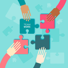 Four hands together team work. Hands putting puzzle pieces. Teamwork and bussiness concept. Hands of different colors, cultural and ethnic diversity. Vector illustration
