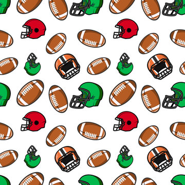 American football seamless pattern. Rugby helmets and balls.