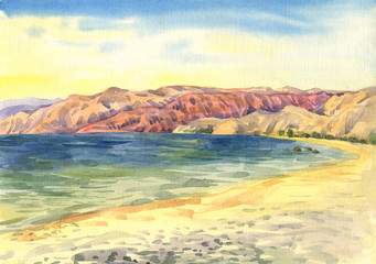 sea,  beach, mountains. Landscape. Watercolor painting