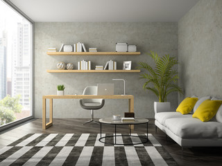 Interior of modern  design office with white sofa 3D rendering