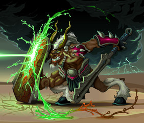 The beast is defending from lighting ball. Fantasy vector illustration