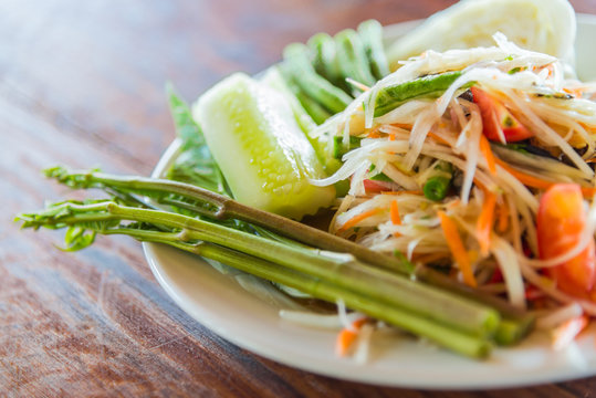 Som Tam is Thai delicious taste hot and spicy papaya salad with crab