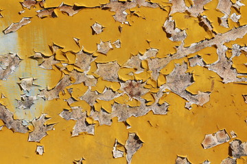 yellow paint scratched and destroyed on old rusty metal plate texture background