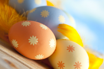 Painted Easter eggs and yellow feathers on sky background