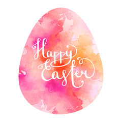 easter card, white inscription "Happy easter" on pink watercolor background, shape eggs, vector illustration
