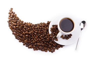 Coffee cup and beans on a white background.