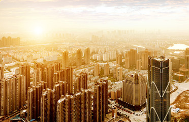 Aerial view of the city at dusk