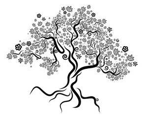 tree with leaves anf flowers vector illustration