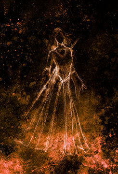 sketch of mystical woman and stick in beautiful ornamental dress.