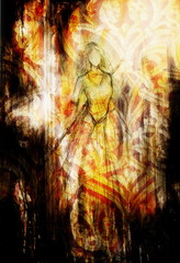 sketch of mystical woman and stick in beautiful ornamental dress. Ornamental background.