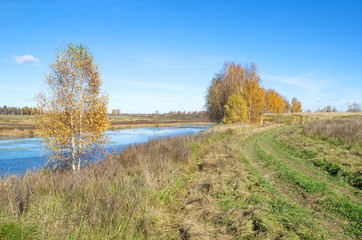 Fototapeta premium Autumn landscape with river on a Sunny day