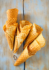 waffle cone on wooden surface