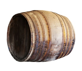 Vintage old worn wooden barrel, isolated on white background