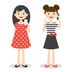 Vector illustration of two little cute girls with smartphones