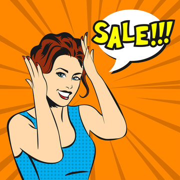 Vector pop art surprised woman face with smile and a sale speech