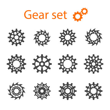 Set of vector machine gears or cogwheels. Gear wheels.