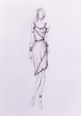 Fototapeta premium Standing figure woman, pencil sketch on paper. 