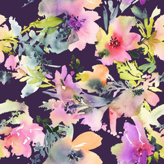 Abstract watercolor flowers. Seamless pattern. Bright colors.