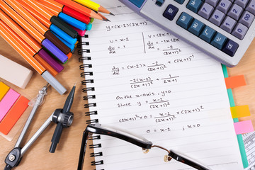 Office table desk with set of Office Stationery or Math Supplies.