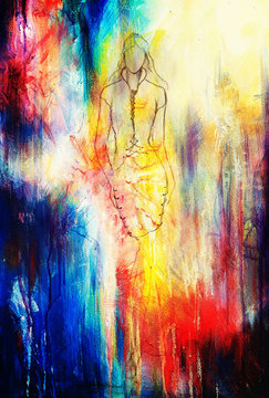 Standing figure woman, pencil sketch on paper. Watercolor background.