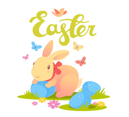 Vector illustration of Happy Easter greetings with yellow bunny