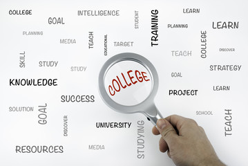 Sheet with text and magnifier enlarging word COLLEGE