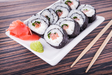 Sushi rolls with salmon