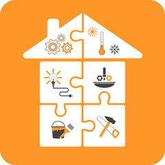house-puzzles with repair tools flat design on yellow background