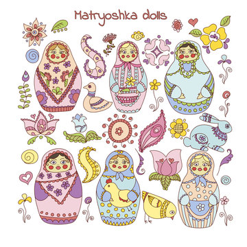 Collection of doodle matryoshka dolls and decorative elements fo