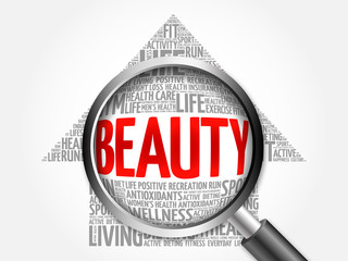 BEAUTY arrow word cloud with magnifying glass, health concept