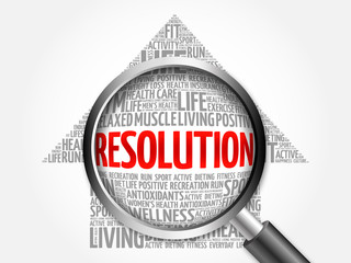 RESOLUTION arrow word cloud with magnifying glass, health concept