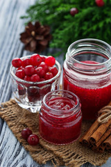 Sweet cranberry jam in jar