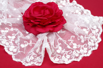 White lace and vine rose on red texturize background