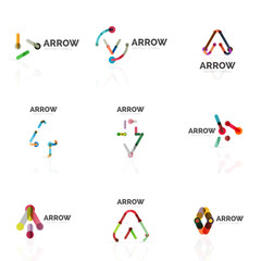 Set of linear arrow abstract logos, connected multicolored segments lines in directional pointer figures