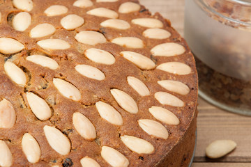 Traditional Christmas Almond Fruit Cake Decorated With Nuts