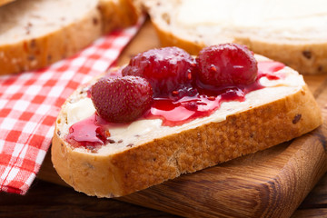 overhead view on healthy breakfast with strawberry jam