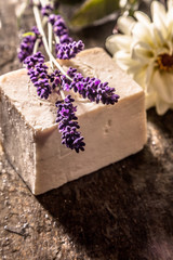 Obraz na płótnie Canvas Handmade Soap with Sprig of Fresh Lavender