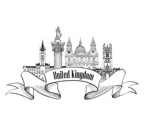 Obraz premium The United Kingdom of Great Britain label. Famous english landmarks