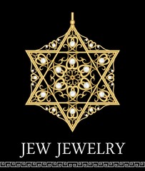 Golden luxury pendant, David star with rich filigree ornaments and pearls, isolated jewel, historic jew symbol magen