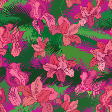 Floral seamless pattern. Tropical fowers. Jungle style backgroun © Terriana
