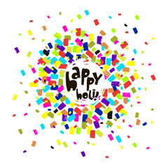 Colorful artistic hand drawn Happy Holi card. Acrylic splatter background and handdrawn paint strokes. Vector illustration