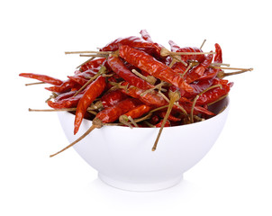 dried chili in the bowl on white background