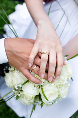 Hands of the groom and bride with rings and bridal bouquet