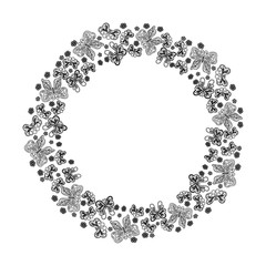 Round frame with butterflies. Coloring book for adult page. Black and white butterfly wreath. Butterfly monochrome frame.