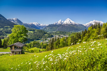 Fototapeta premium Idyllic landscape in the Alps with traditional mountain lodge in springtime