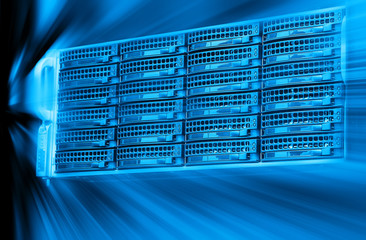 blade server server equipment rack data center closeup and blur blue toning