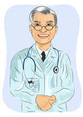 mature male doctor with glasses standing with his hands clasped 
